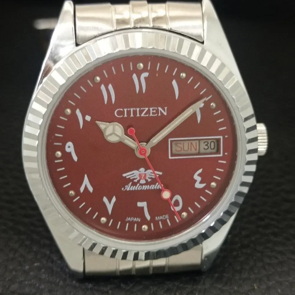 Vintage 1978 Citizen Automatic Mens Silver Watch W/daydate & Red accents